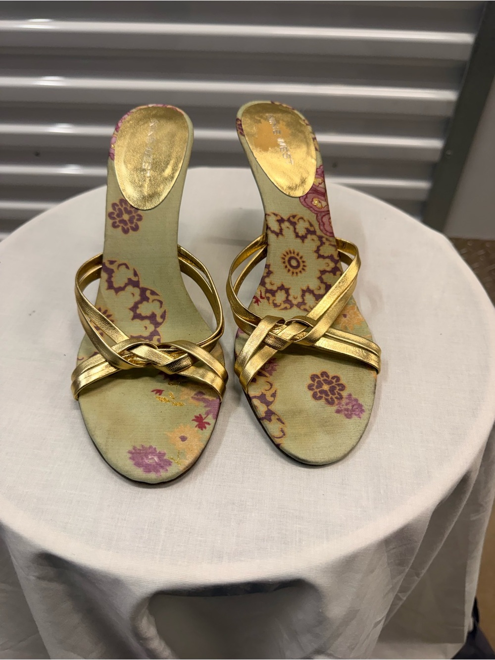 Nine West Gold Strappy Floral-Print Heeled Sandals